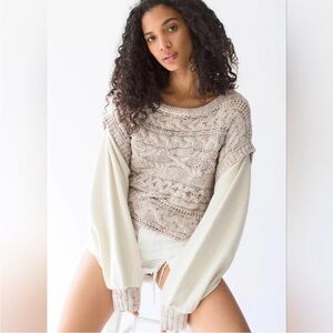 Free People Two-Tone Cream Cable Knit Scoop Sweater